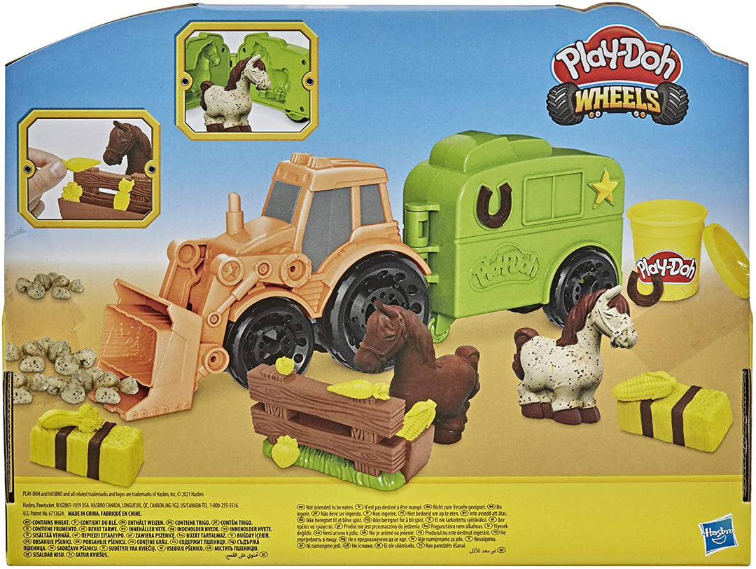 Play-Doh Wheels Traktor-Bauernhof-LKW-Spielzeug für Kinder ab 3 Jahren mit Pferdeanhänger-Form und 3 Dosen ungiftiger Modelliermasse