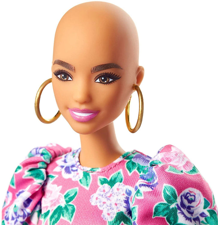 Barbie Fashionistas Doll 150 With No Hair Look Wearing Pink Floral Dress, White Booties & Earrings - Yachew