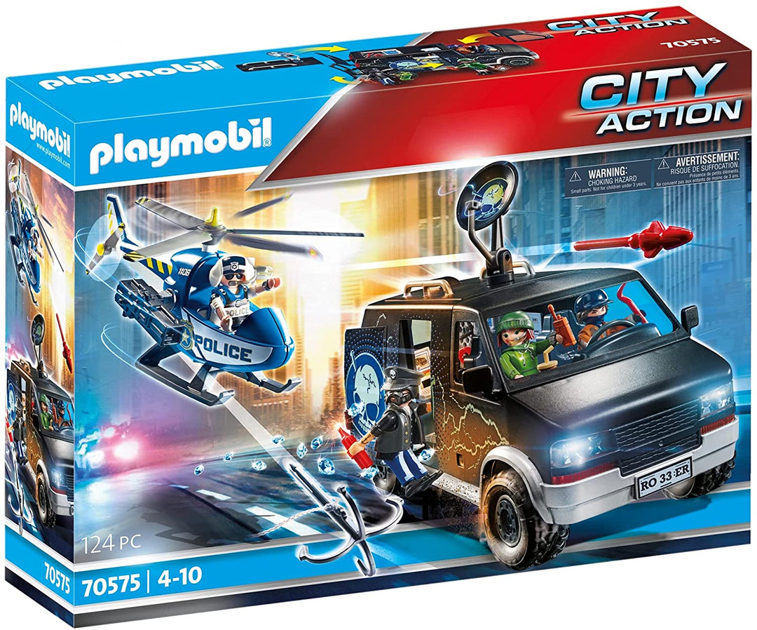 Playmobil 70575 City Action Police Persecución en helicóptero con furgoneta fugitiva, para niños de 4 a 10 años