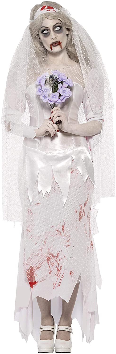 Smiffy's Damen 23295 Kostüme Till Death Do Us Part Zombie-Brautkostüm, Kleid, Schleier und Blumenstrauß, Zombie Alley, Weiß (Blanc), S