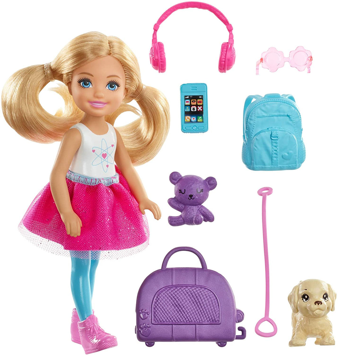 Barbie FWV20 Chelsea Doll e Set da Viaggio con Cucciolo, Multicolore