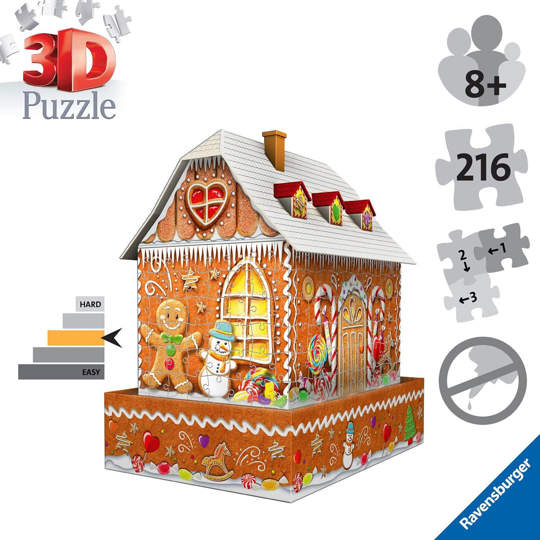 Ravensburger Weihnachts-Lebkuchenhaus, 216-teiliges 3D-Puzzle für Erwachsene und Kinder ab 8 Jahren – Nachtausgabe mit LED-Beleuchtung