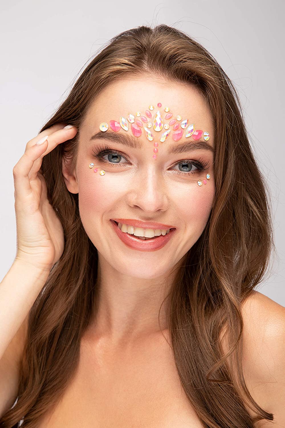 Im Dunkeln leuchtende Gesichtsjuwelen von Moon Glow – Festival-Gesichts- und Körperedelsteine, Kristall-Make-up-Augen-Glitzeraufkleber, temporäre Tattoo-Juwelen (Pink Flamingo)