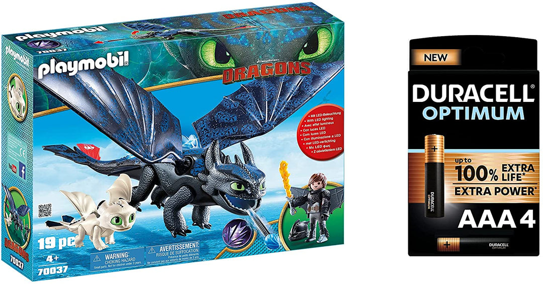 Playmobil 70037 DreamWorks Dragons, Schluckauf und Zahnlos mit Baby Dragon, Duracell Optimum AAA Alkaline Batterien 4er Pack