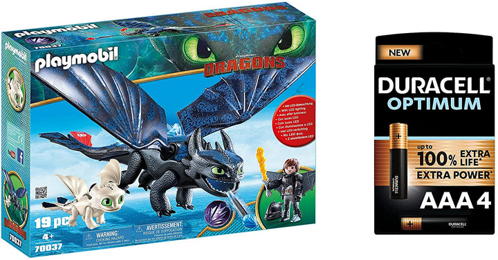 Playmobil 70037 DreamWorks Dragons, Schluckauf und Zahnlos mit Baby Dragon, Duracell Optimum AAA Alkaline Batterien 4er Pack