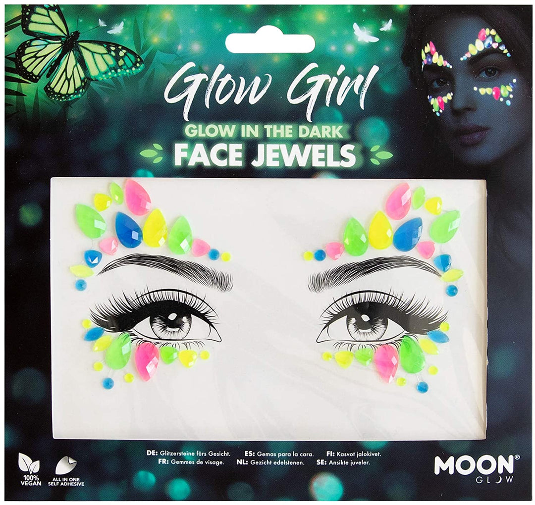 Im Dunkeln leuchtende Gesichtsjuwelen von Moon Glow – Festival-Gesichts- und Körperedelsteine, Kristall-Make-up-Augen-Glitzeraufkleber, temporäre Tattoo-Juwelen (Glow Girl)