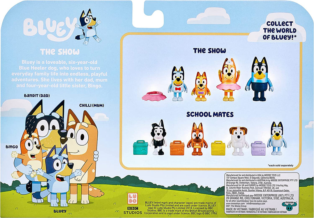 Bluey „The Show“ 4er-Pack 6,3–7,6 cm große offizielle bewegliche Actionfiguren von Bluey, Bingo, Chilli (Mama) und Bandit (Papa) zum Sammeln