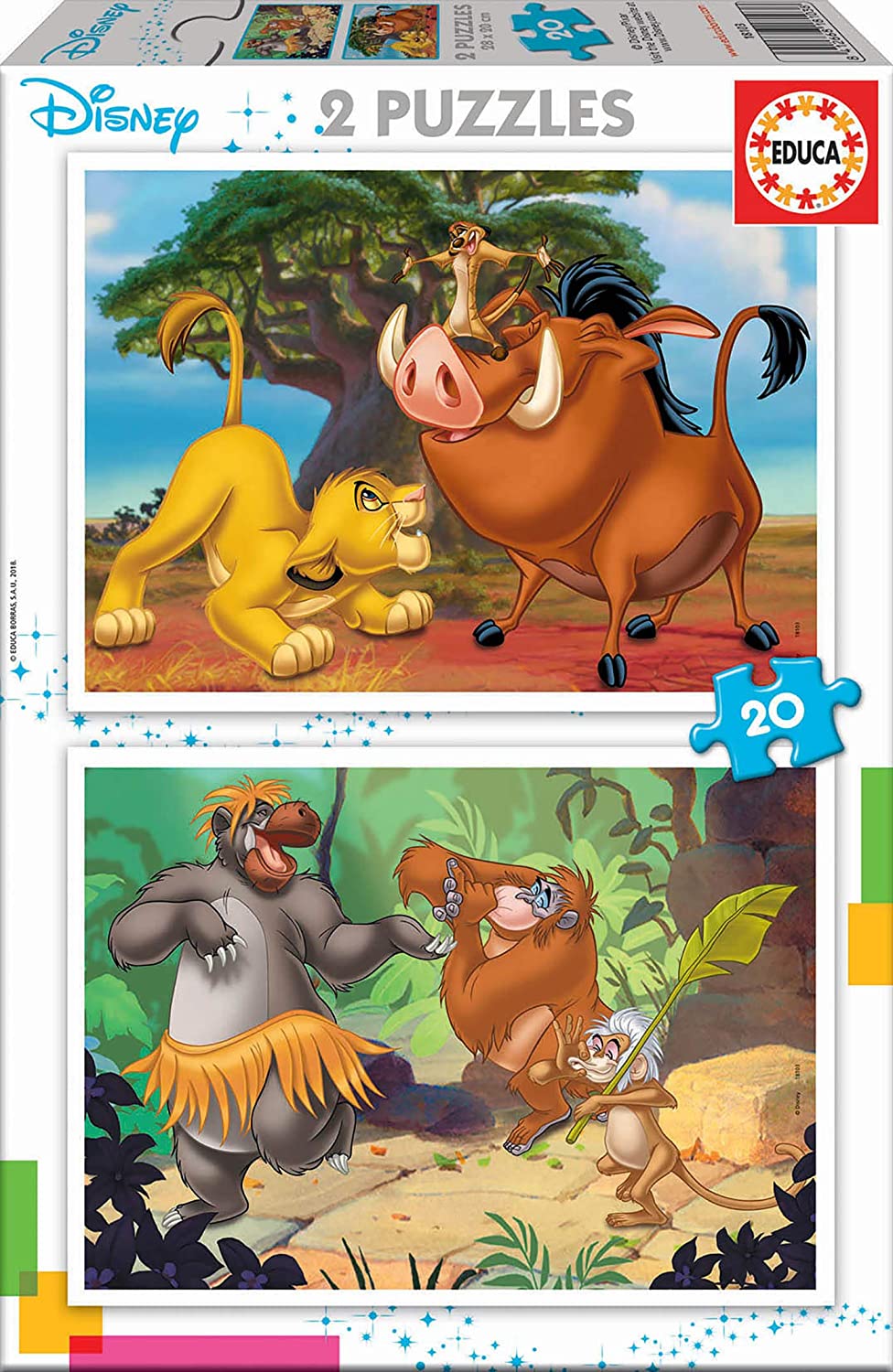 Educa 18103 Animals Disney All Other Rey Leon, el libro de la selva, Simba, Baloo 2 Puzzles x 20 Pieces, Multicoloured