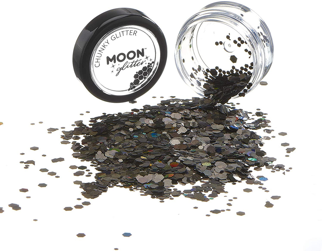 Grober holografischer Glitzer von Moon Glitter – Schwarz – kosmetischer Festival-Make-up-Glitzer für Gesicht, Körper, Nägel, Haare, Lippen – 3 g