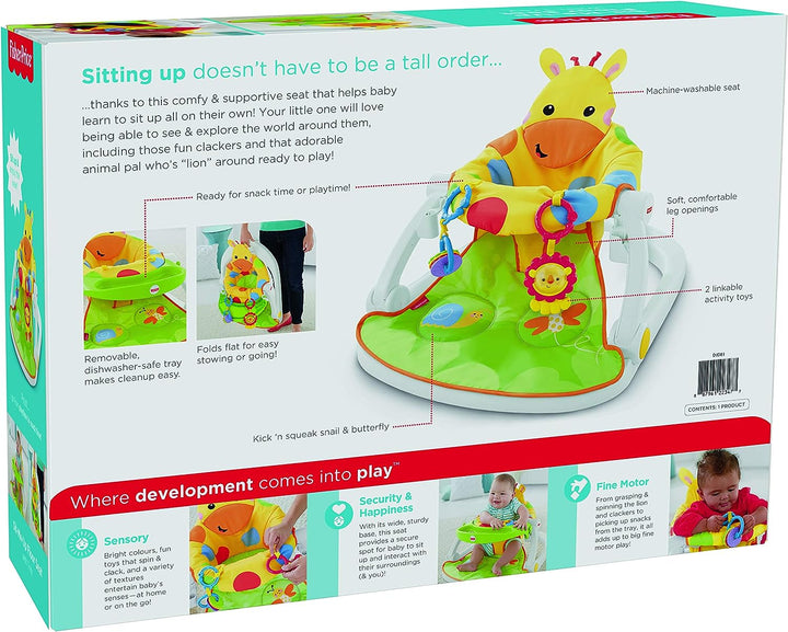 Fisher-Price DJD81 Giraffe Sit-Me-Up-Bodensitz, tragbarer Babystuhl oder Sitz mit abnehmbarem Tablett, Rassel und Beißspielzeug