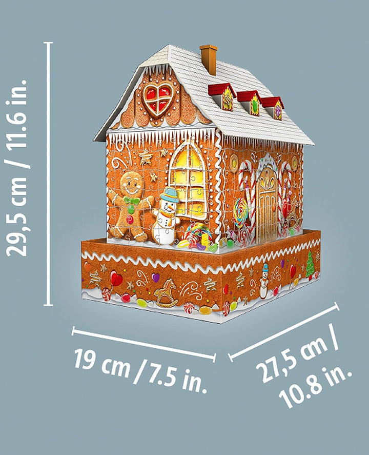 Ravensburger Weihnachts-Lebkuchenhaus, 216-teiliges 3D-Puzzle für Erwachsene und Kinder ab 8 Jahren – Nachtausgabe mit LED-Beleuchtung