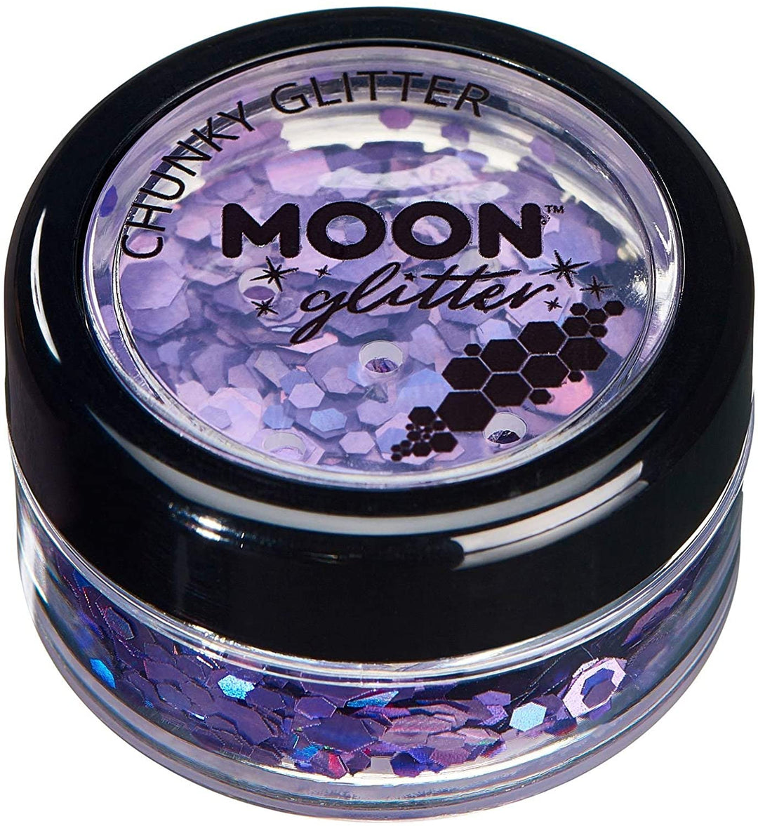 Grober holografischer Glitzer von Moon Glitter – Lila – kosmetischer Festival-Make-up-Glitzer für Gesicht, Körper, Nägel, Haare, Lippen – 3 g