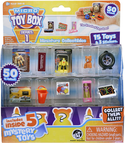 Micro Toybox Collectibles 15 Pack- Styles Vary Mini Toys to Collect, Swap, Display with Surprise Pack Design 5 toys inside 5101-15