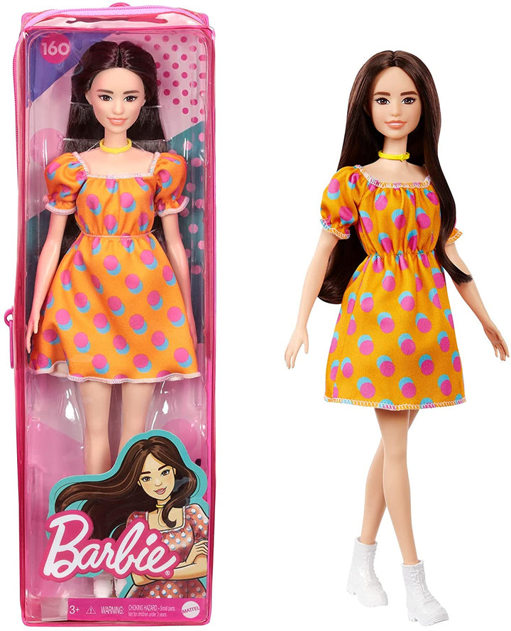 Barbie GRB52 Fashionistas-Puppe mit gepunktetem schulterfreiem Kleid, Spielzeug für Kinder von 3 bis 8 Jahren, 30,48 cm x 6,35 cm x 8,89 cm