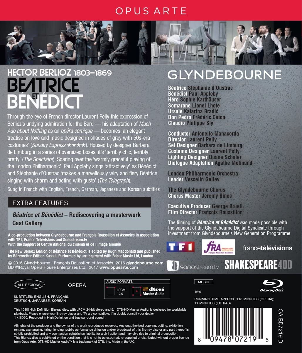 Berlioz: Béatrice et Bénédict [Stéphanie d’Oustrac; Paul Appleby; Philippe Sly; Der Glyndebourne-Chor; Laurent Pelly] [Opus Arte: OABD7219D] [2017] [Blu-ray]