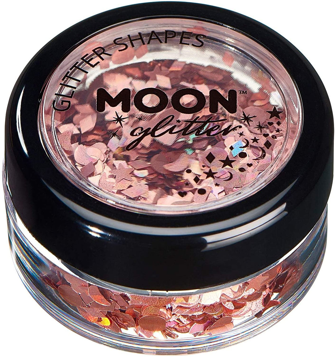 Holografische Glitzerformen von Moon Glitter – Roségold – kosmetischer Festival-Make-up-Glitzer für Gesicht, Körper, Nägel, Haare, Lippen – 3 g