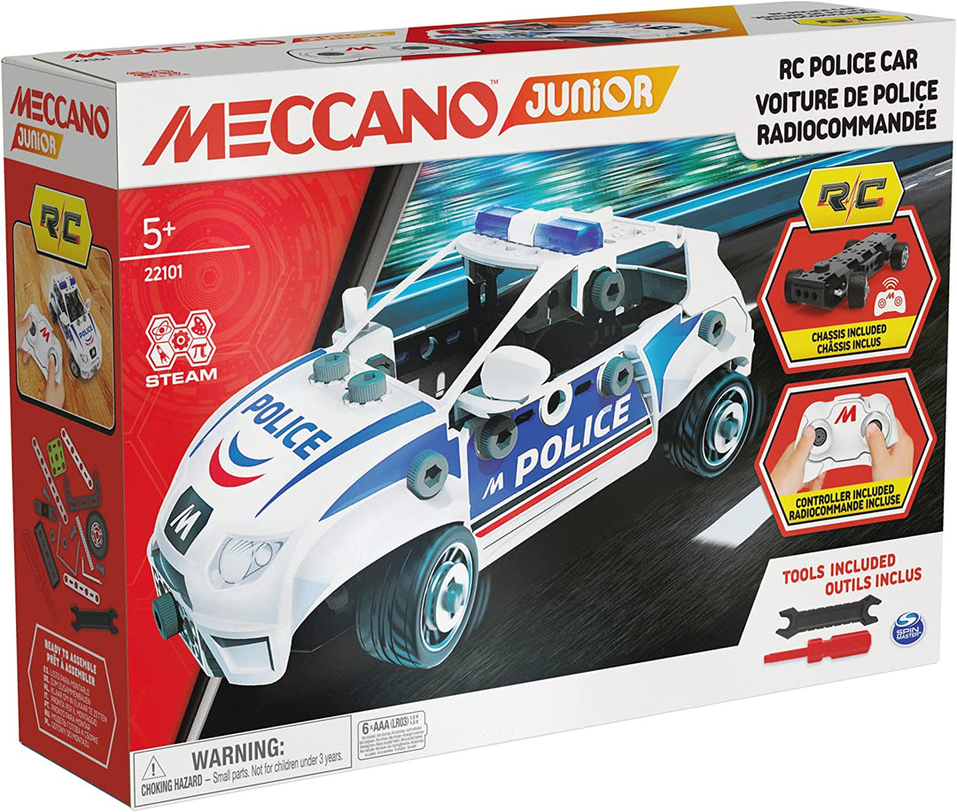 Meccano Junior, ferngesteuertes Polizeiauto mit funktionierendem Kofferraum und echtem Werkzeug, Spielzeugmodell-Bausatz