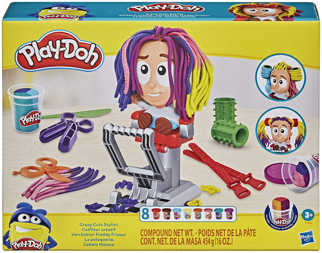 Play-Doh Crazy Cuts Stylist Friseursalon Rollenspielspielzeug für Kinder ab 3 Jahren mit 8 dreifarbigen Dosen, je 2 Unzen, ungiftig, F1260