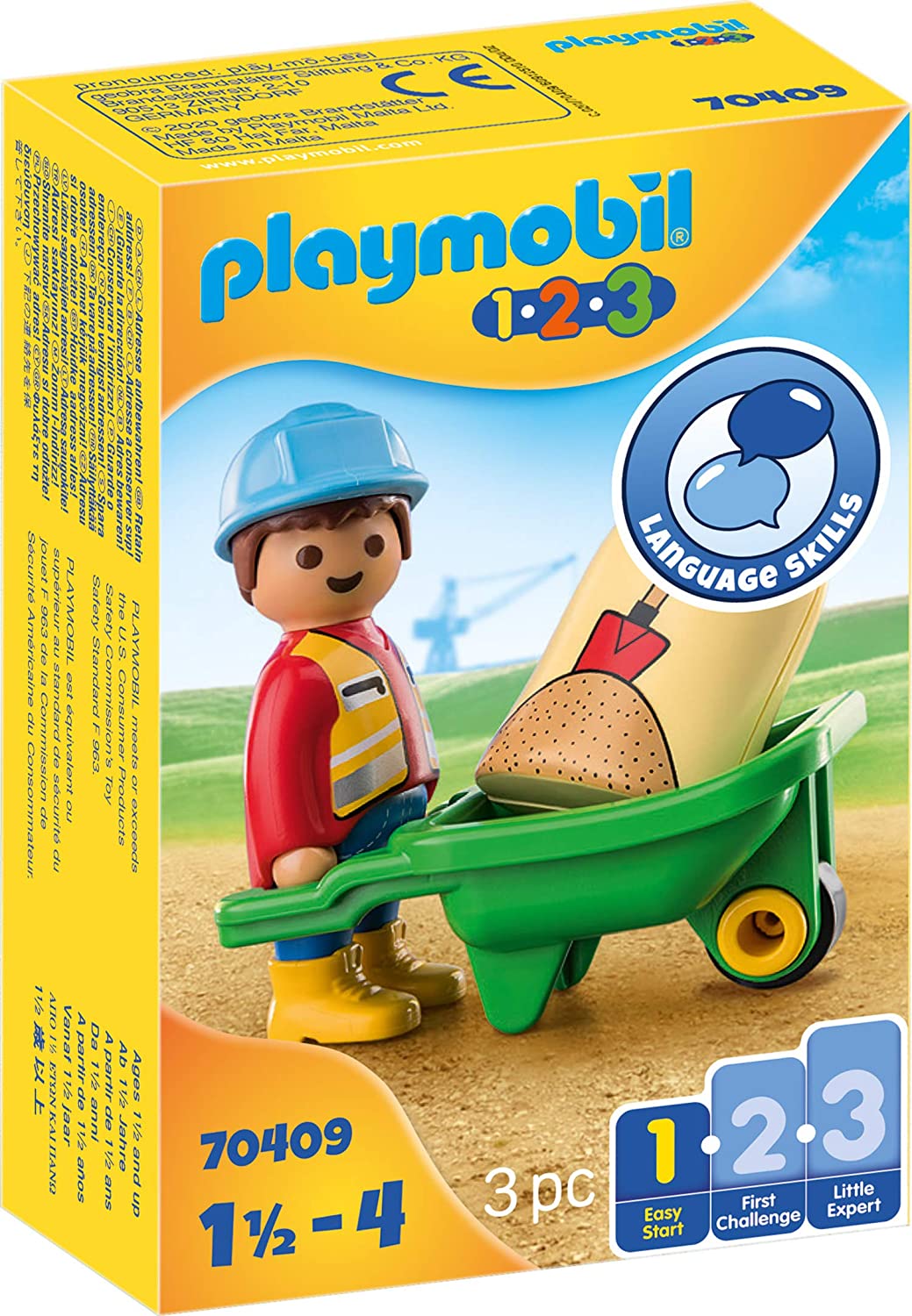 Playmobil 1.2.3 70409 Operaio edile con carriola, per bambini da 1 anno.