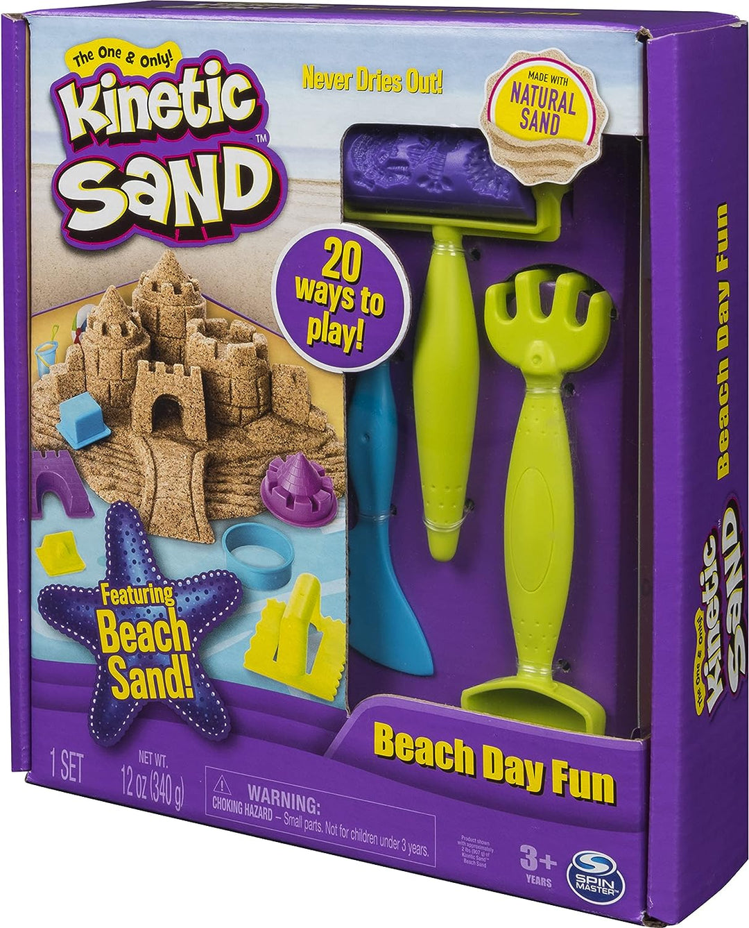The One and Only Kinetic Sand, Beach Day Fun Playset with Castle Moulds, Tools and 12oz of Kinetic Sand for Ages 3 and Up