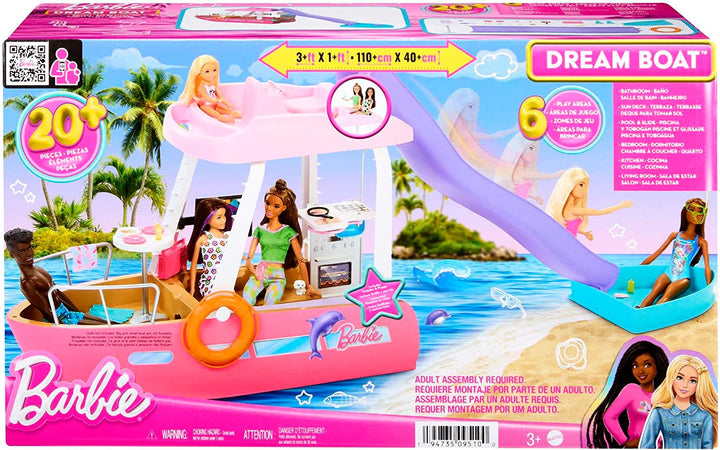 Barbie-Boot mit Pool und Rutsche, Traumboot-Spielset enthält mehr als 20 Teile wie Dol