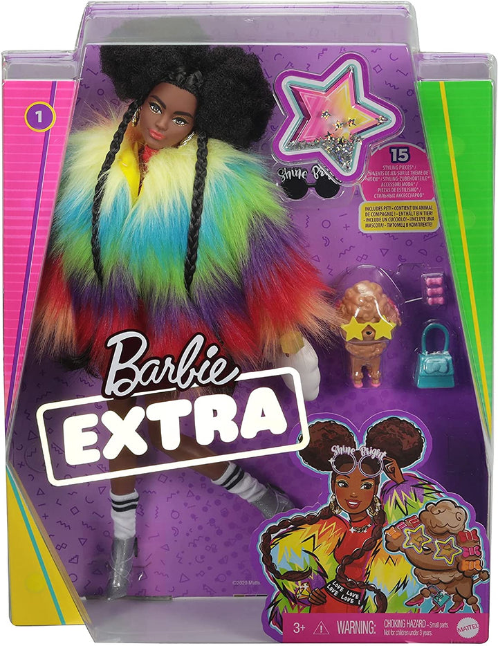 Muñeca Barbie Extra con abrigo arcoíris y juguete para perro