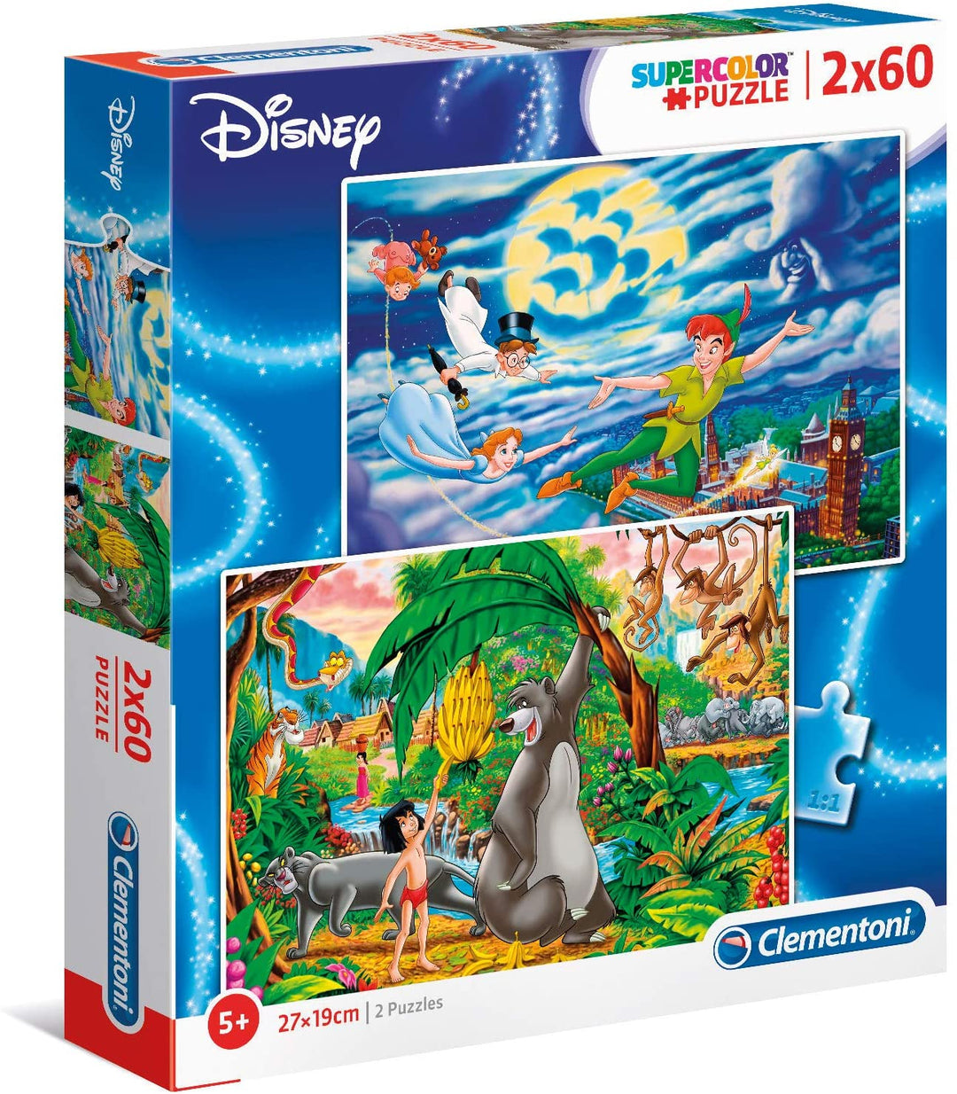 Clementoni – 21613 – Supercolor-Puzzle – Disney Peter Pan + Dschungelbuch – 2 x 60 Teile – hergestellt in Italien – Puzzle für Kinder ab 5 Jahren