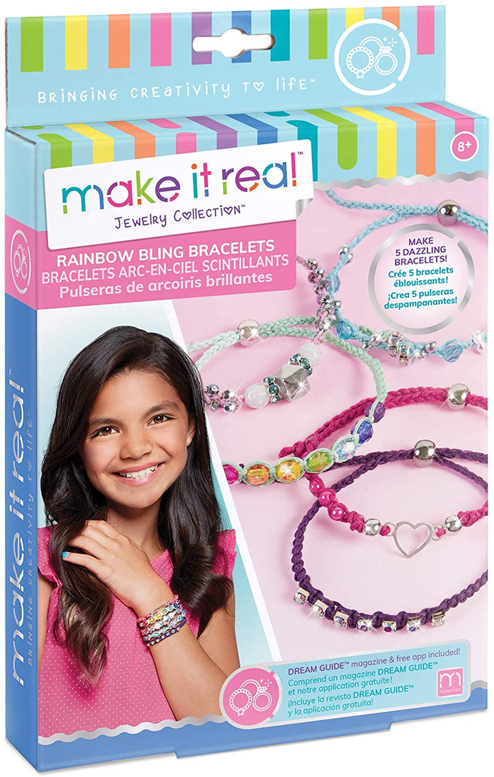 Make It Real Rainbow Bling Bracelets Kit de fabricación de pulseras de cuentas y nudos para niñas