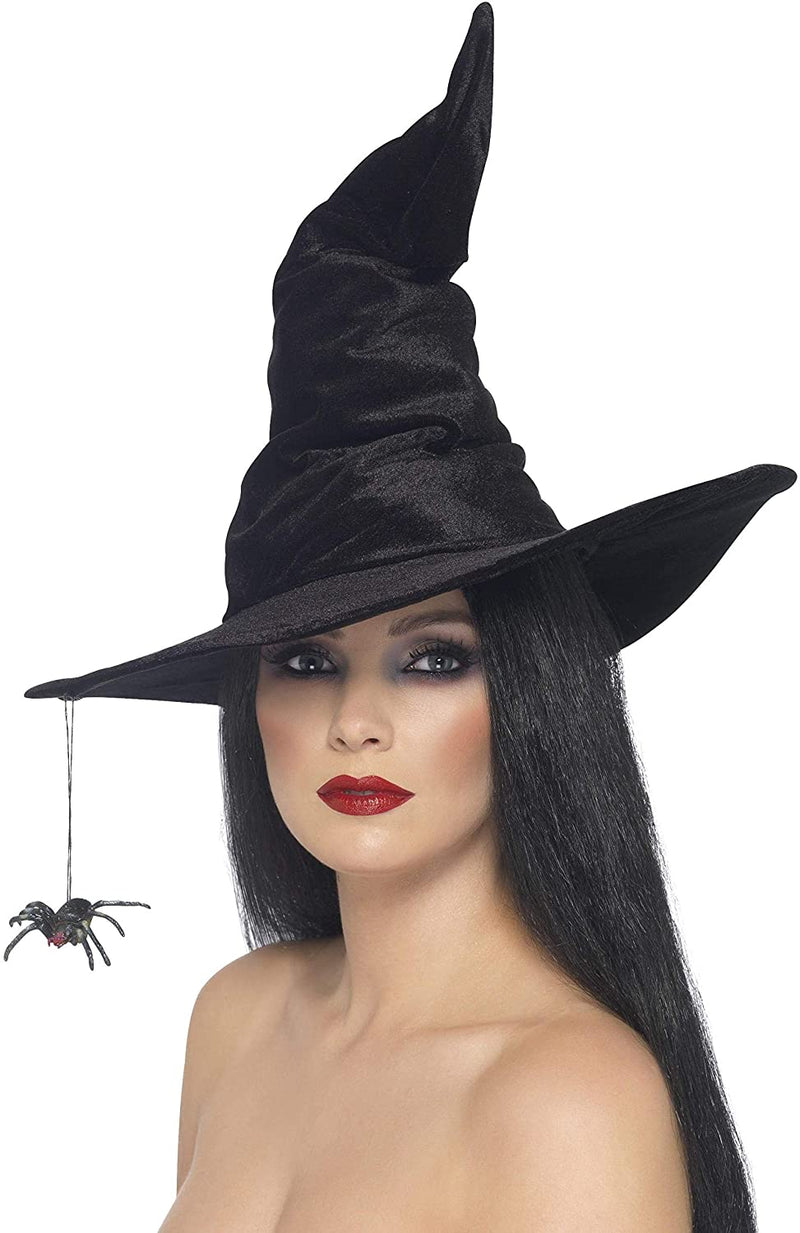 Smiffys Witch Hat, Velour and Spider - Black