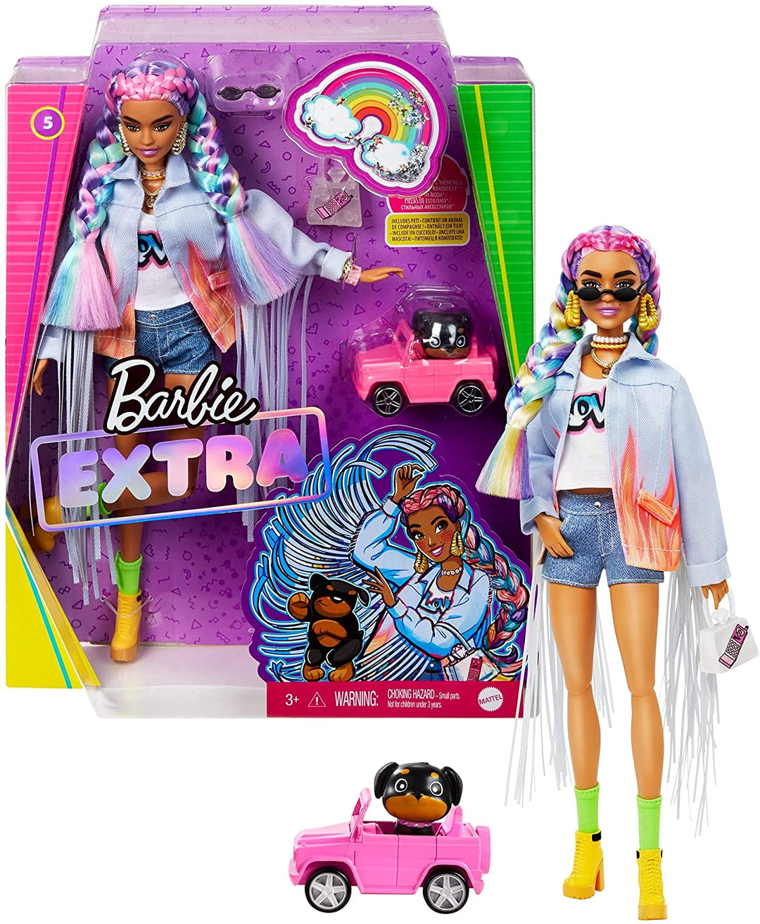 Barbie Extra Doll 5 in Long Fringe Jeansjacke mit Pet Puppy für Kinder ab 3 Jahren