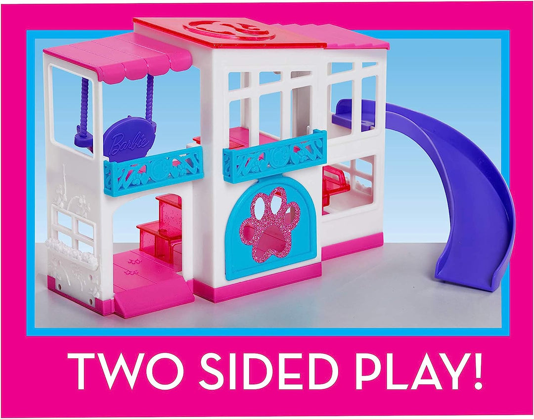 Barbie Pet Dreamhouse 2-seitiges Spielset, 10-teilig, inklusive Haustieren und Zubehör, K