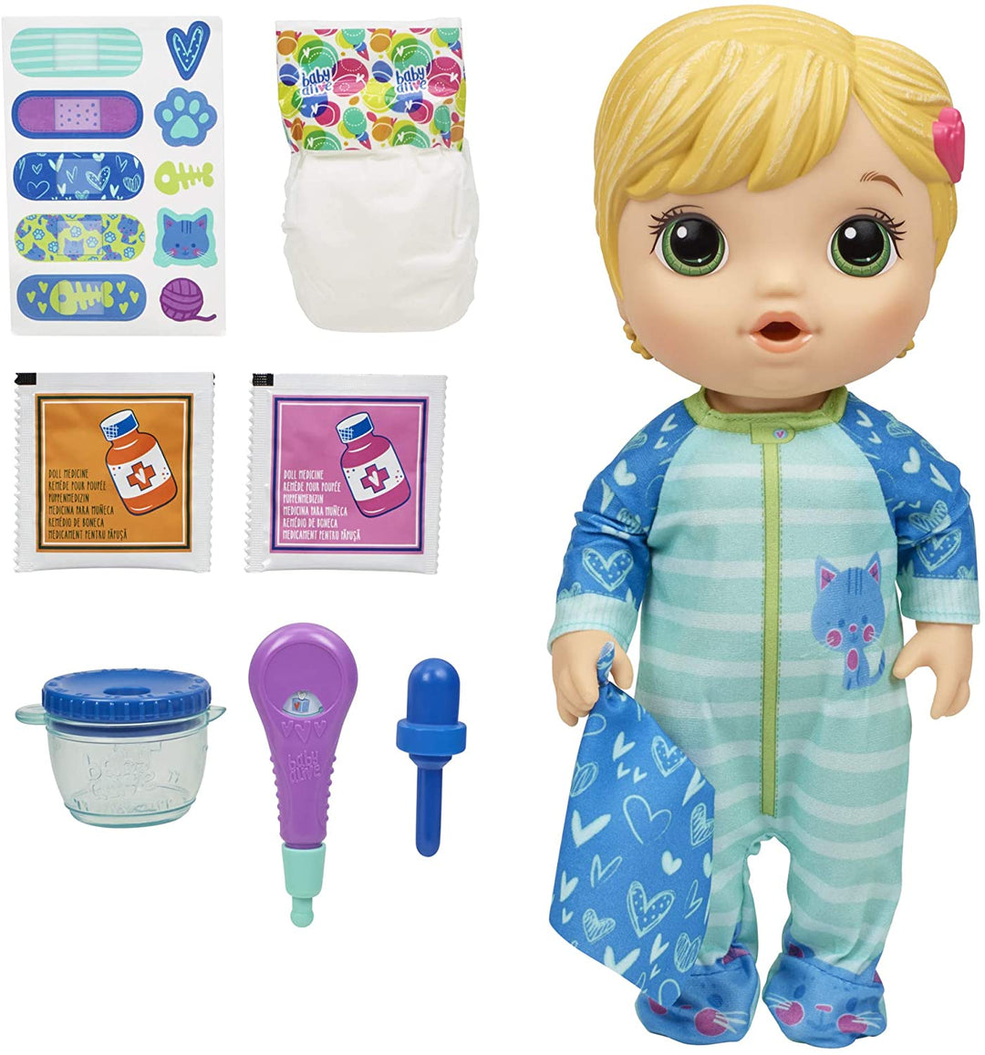 Baby Alive Mix My Medicine Babypop, Kitty Cat Pyjama Drinks and Wets Doctor Accessoires