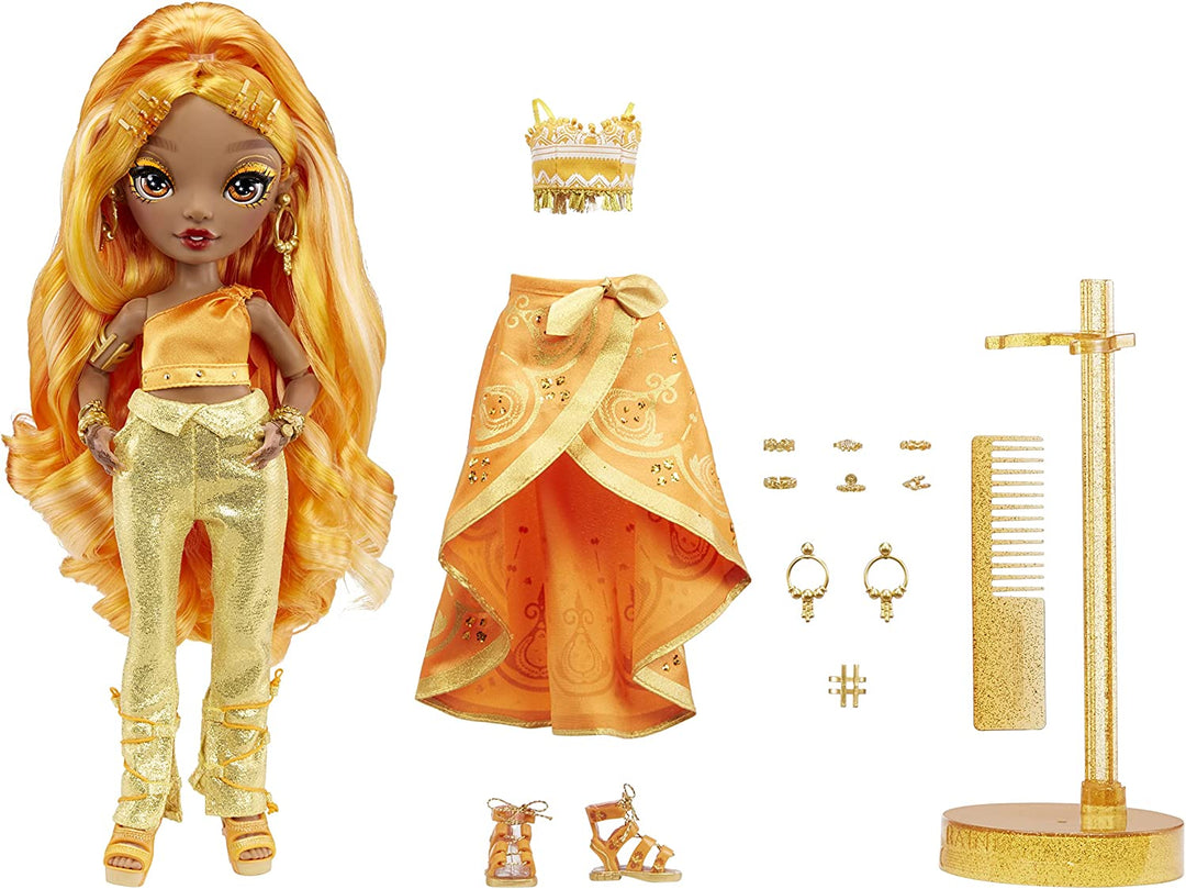 Rainbow High 578284EUC Meena Fleur-Saffron Gold Modepuppe enthält 2 Mix &amp; Match-Designer-Outfits