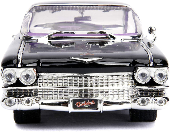 Jada Toys 253255006 Super Heroes DC Comics Bombshells 1959 Cadillac Spielzeugauto, Druckgusstüren, Kofferraum- und Motorhaubenöffnung, Catwoman-Figur, Maßstab 1:24, Schwarz, Lila