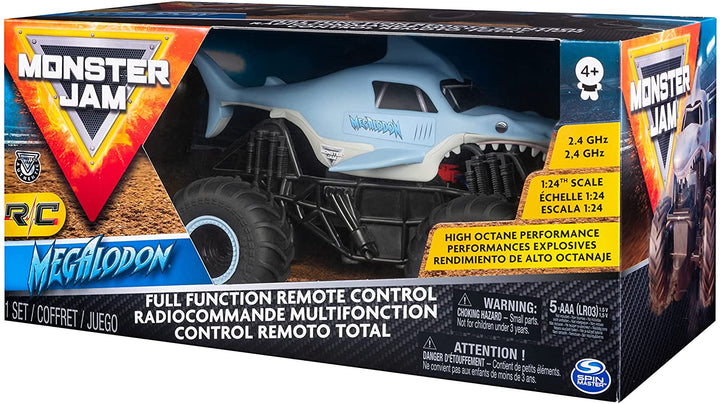 Monster Jam Offizieller ferngesteuerter Megalodon-Monstertruck, Maßstab 1:24, 2,4 GHz