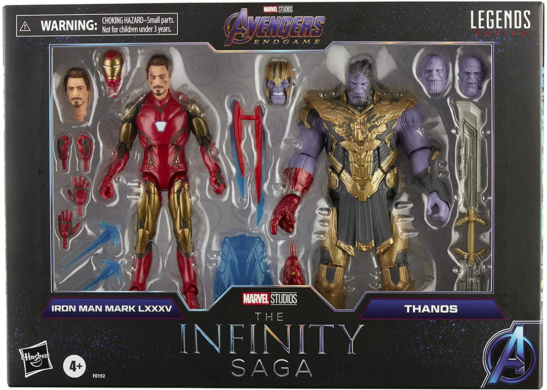 Hasbro Marvel Legends Series 15 cm großes Actionfiguren-Spielzeug im Doppelpack „Iron Man Mark 85 vs. Thanos“, inklusive Premium-Design und 8 Zubehörteilen