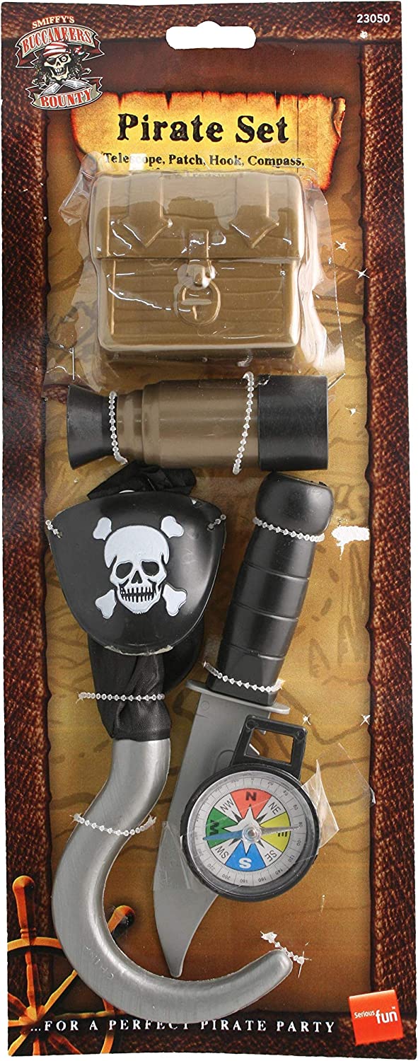 Smiffy's Piraten-Set mit Kompass, Haken, Messer, Augenklappe, Teleskop und Truhe