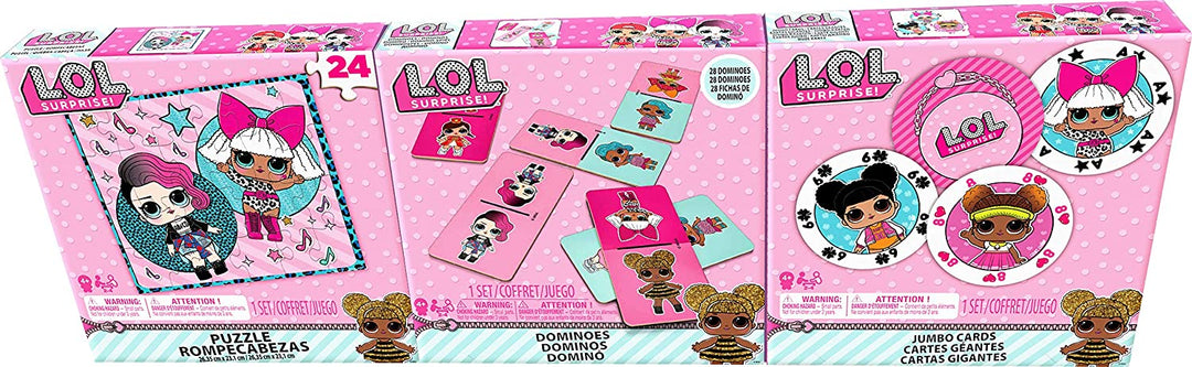 Spin Master Games L.O.L. Verrassing! 6046354 3 Pack Bundel Puzzel, Domino's en Jumbo Speelkaarten