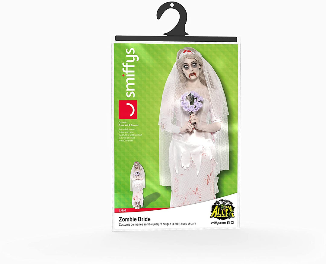 Smiffy's Women's 23295 Costumes Till Death Do Us Part Zombie Bride Costume, Dress, Veil and Bouquet, Zombie Alley, White (Blanc), Small