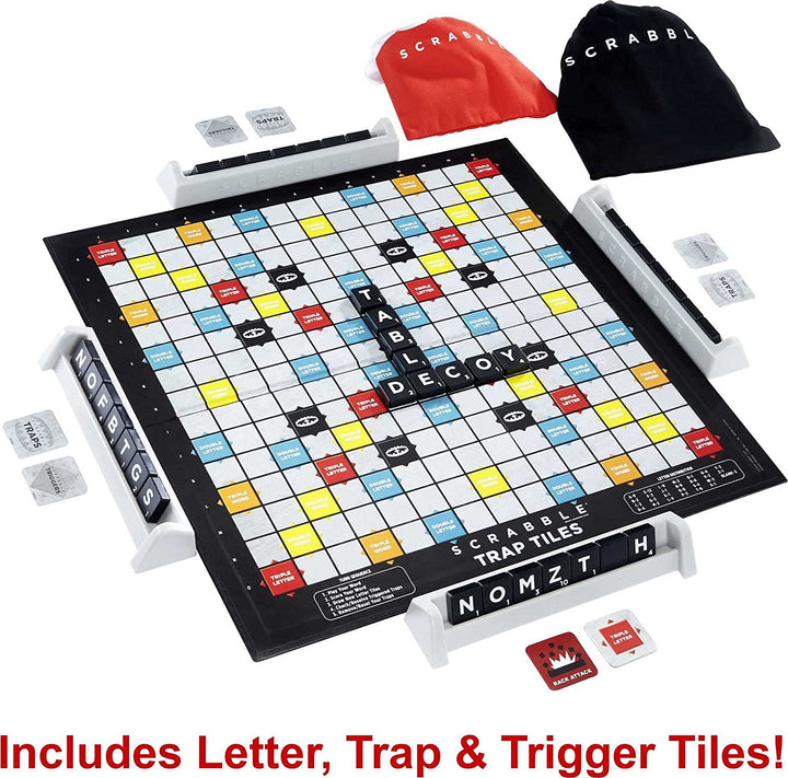 Scrabble Trap Tiles Familienbrettspiel mit Fallen, Auslöseplättchen, Gestellen und Kachelba