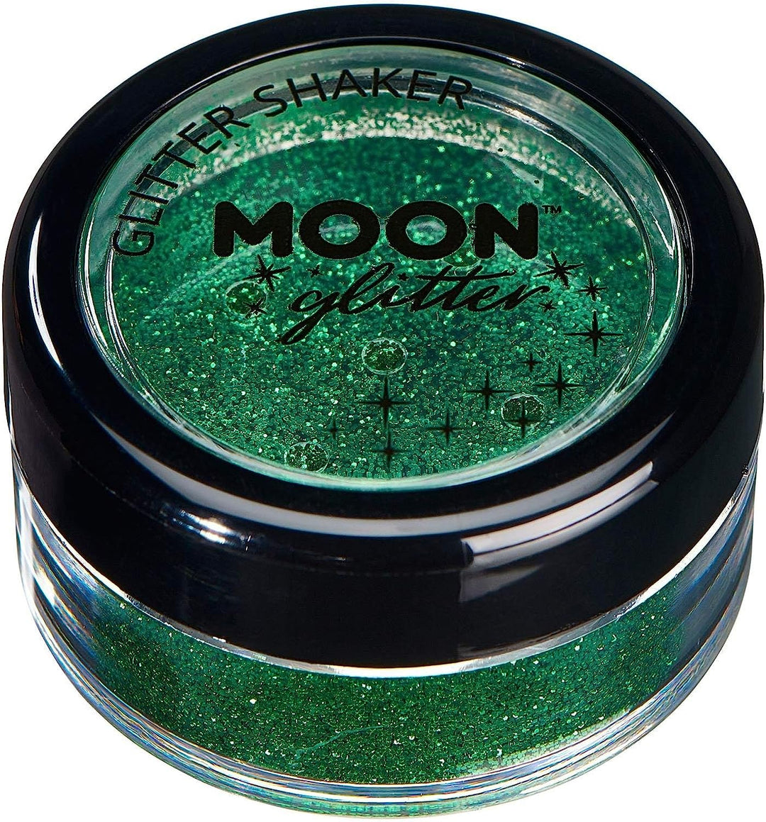 Klassische feine Glitzerstreuer von Moon Glitter – Grün – Kosmetischer Festival-Make-up-Glitzer für Gesicht, Körper, Nägel, Haare, Lippen – 5 g