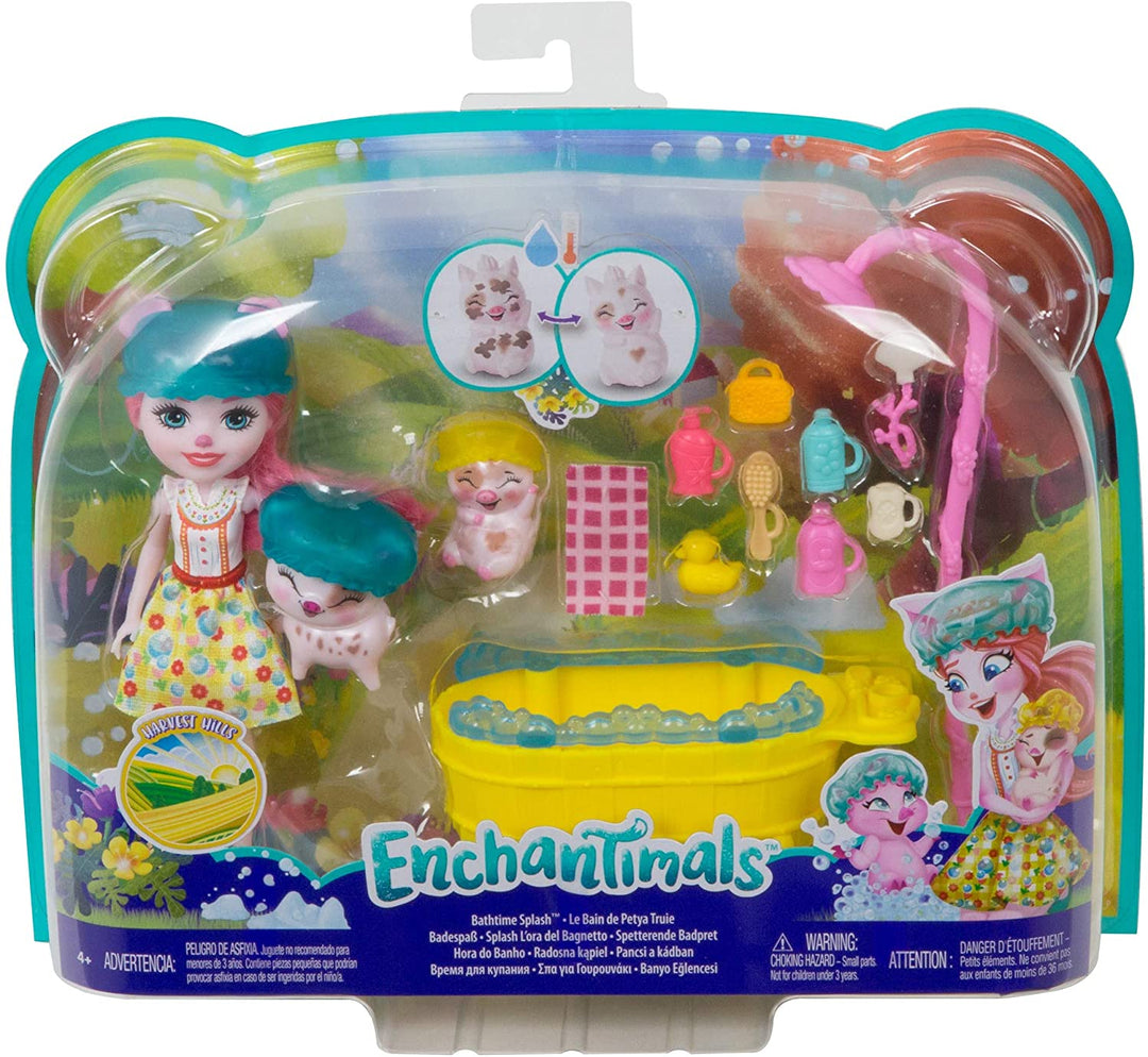 Enchantimals GJX36 BATHTIME Splash PLAYSET with PETYA Pig Doll & STREUSEL, Multi