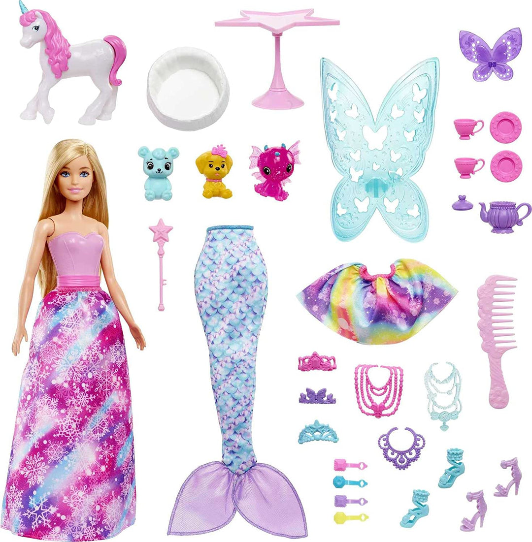 Barbie Dreamtopia Adventskalender mit Barbie-Puppe und 24 Überraschungen, darunter märchenhafte Mode, Haustiere und Accessoires, Weihnachtsgeschenk für 3- bis 7-Jährige