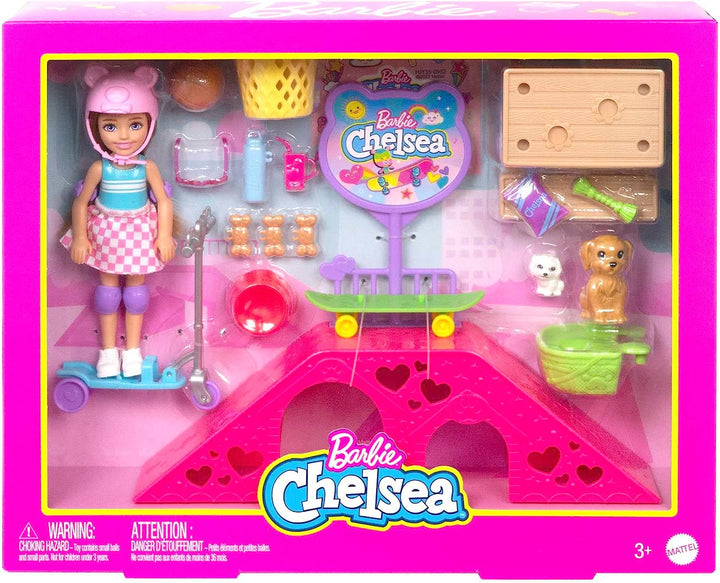 Barbie Toys, Chelsea Doll and Accessories, Skatepark Playset with 2 Puppies