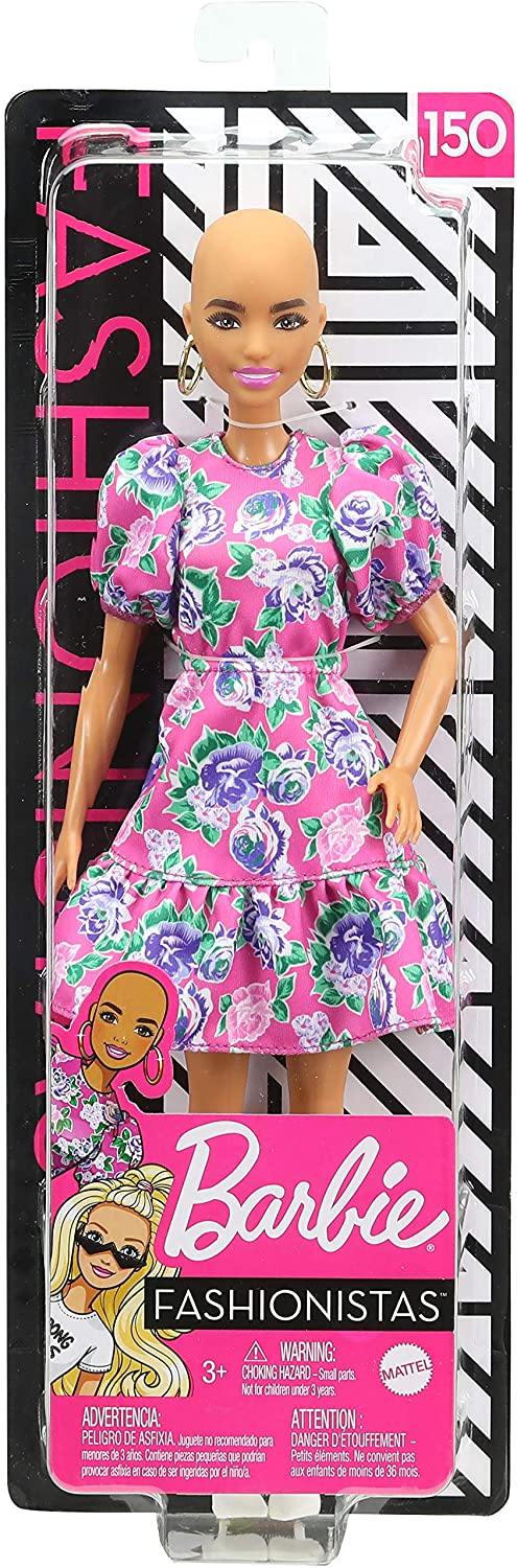 Barbie Fashionistas Doll 150 With No Hair Look Wearing Pink Floral Dress, White Booties & Earrings - Yachew