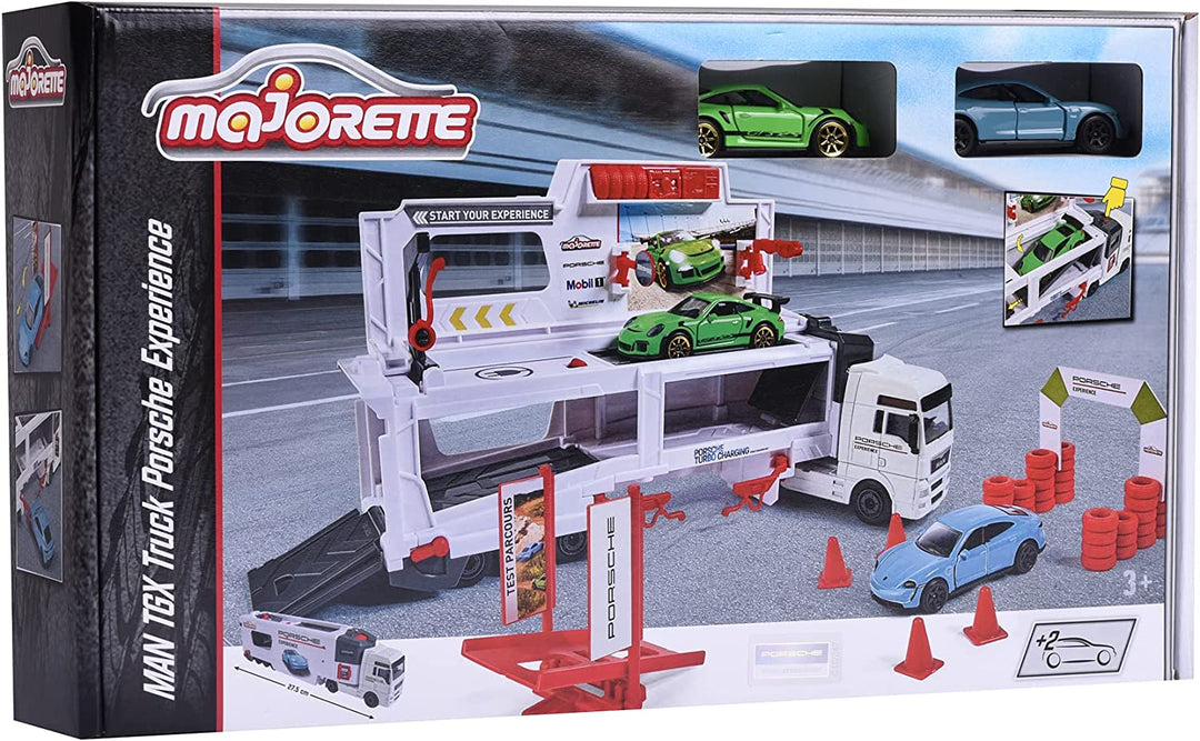 Majorette 212053304 Truck Experience SPIELSET mit 2 Porsche DIE-CAST Autos, Multi