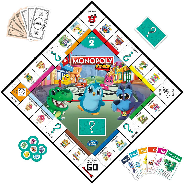 Monopoly Junior Brettspiel, 2-seitiges Spielbrett, 2 Spiele in 1, Monopoly-Spiel für J