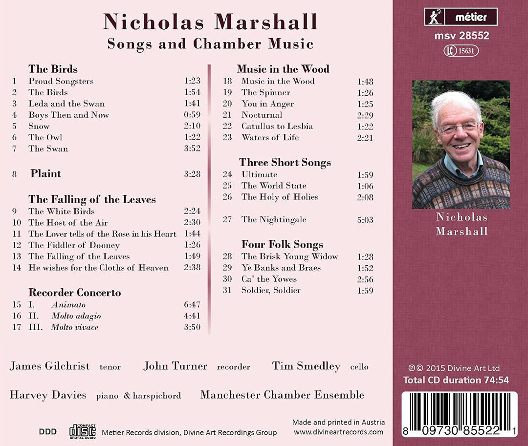 Marshall: Lieder und Kammermusik [James Gilchrist; Tim Smedley; John Turner; Harvey Davies; Manchester Chamber Ensemble] [DIVINE ART: MSV28552] [Audio CD]