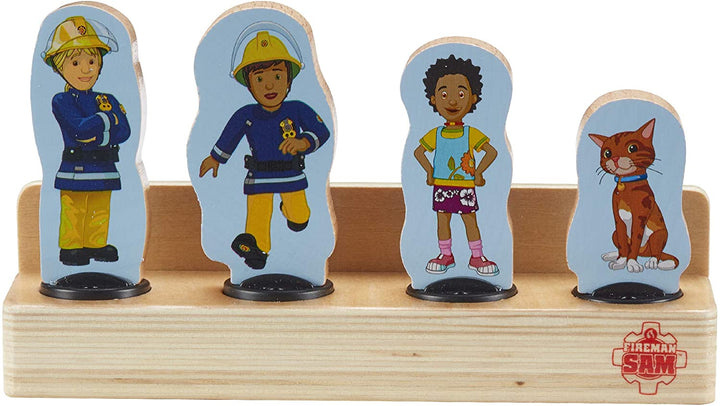 Feuerwehrmann Sam 07323 Holz, 4er-Pack zweiseitiger Figuren, hochwertiges, langlebiges, nachhaltiges FSC-Holz, umweltfreundliches Vorschulspielzeug für Kleinkinder