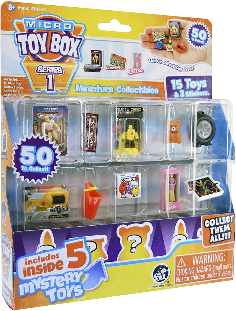 Micro Toybox Collectibles 15 Pack- Styles Vary Mini Toys to Collect, Swap, Display with Surprise Pack Design 5 toys inside 5101-15